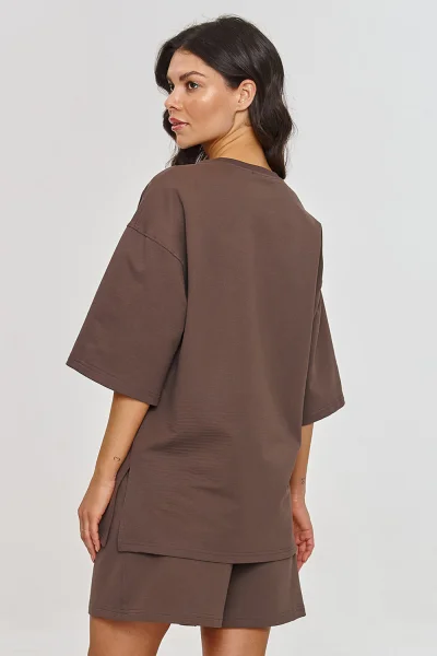 Oversize dámská souprava T-shirt a kraťasy - hnědá - Hnědá