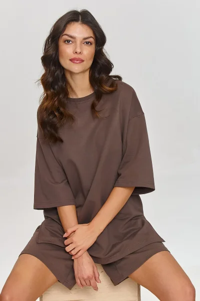 Oversize dámská souprava T-shirt a kraťasy - hnědá - Hnědá