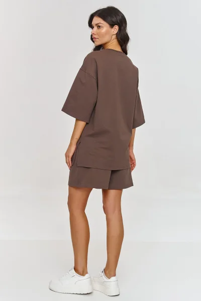 Oversize dámská souprava T-shirt a kraťasy - hnědá - Hnědá