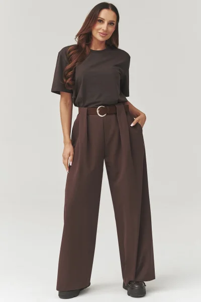 Dámské široké kalhoty C34 - tm. hnědé - Tmavě hnědá
