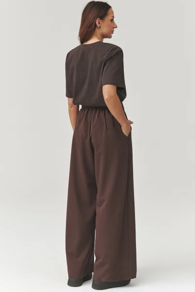 Dámské široké kalhoty C34 - tm. hnědé - Tmavě hnědá