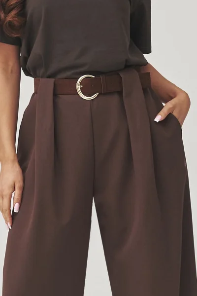 Dámské široké kalhoty C34 - tm. hnědé - Tmavě hnědá