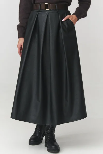 Dlouhá sukně z ekokůže C16 - černá - Černá