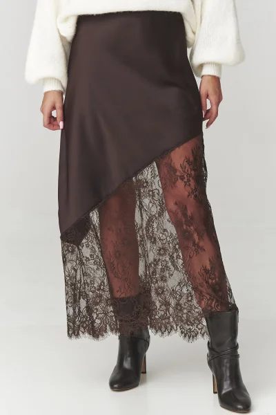 Dlouhá sukně s krajkou C22 - tm. hnědá - Tmavě hnědá