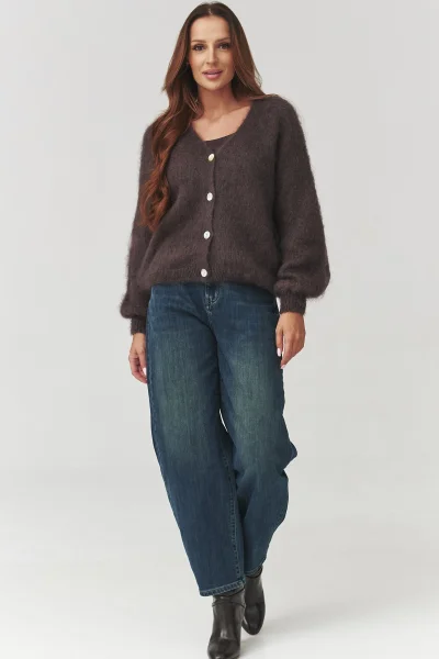 Dámský propínací svetr C3 - tm.hnědý - Tmavě hnědá