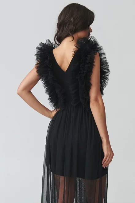 Dlouhé šaty s tylovou sukní M943 - černé - Černá