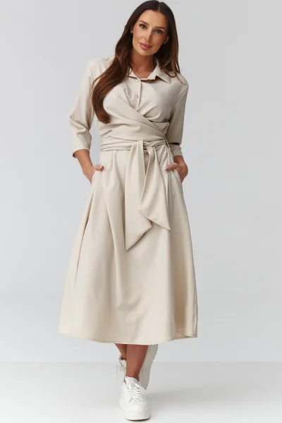Midi šaty s vázáním C47 - sv. béžové - Světle béžová