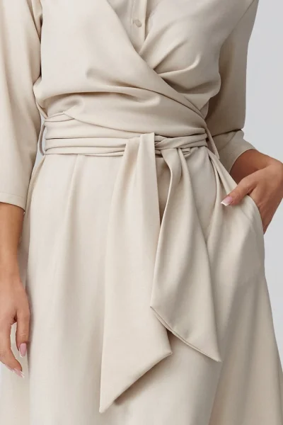 Midi šaty s vázáním C47 - sv. béžové - Světle béžová