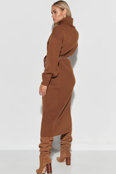 Dlouhé svetrové šaty S105 - hnědé - Hnědá