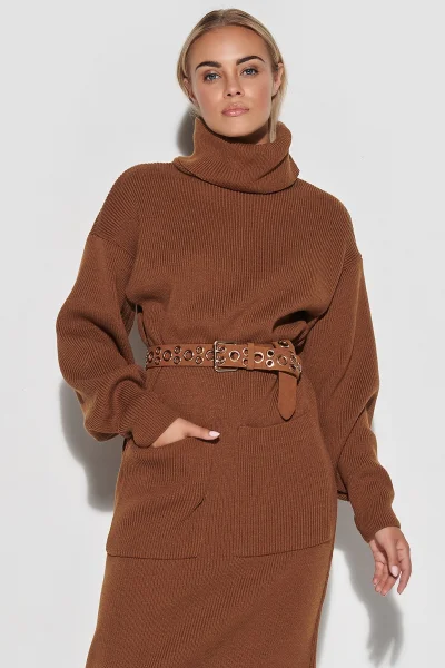 Dlouhé svetrové šaty S105 - hnědé - Hnědá