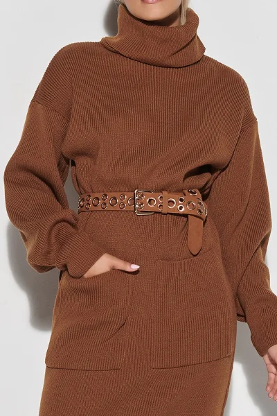 Dlouhé svetrové šaty S105 - hnědé - Hnědá