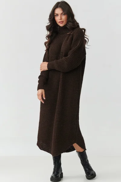 Dlouhé svetrové šaty S162 - tm. hnědé - Tmavě hnědá