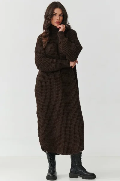Dlouhé svetrové šaty S162 - tm. hnědé - Tmavě hnědá