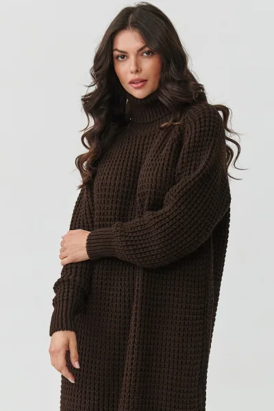 Dlouhé svetrové šaty S162 - tm. hnědé - Tmavě hnědá