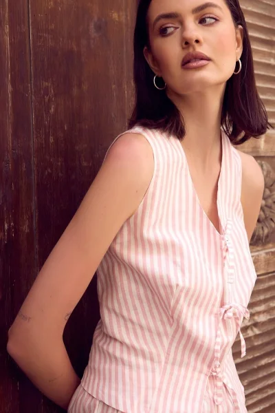 Dámské pyžamo Felicity - lněné - Bílo-růžová