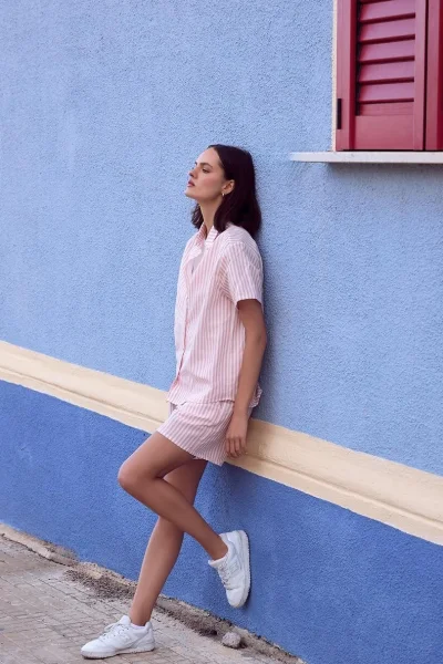 Dámské pyžamo Selene - lněné - Bílo-růžová