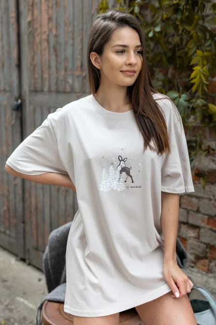 Noční košilka Deer - oversize volný stříh - Světle béžová